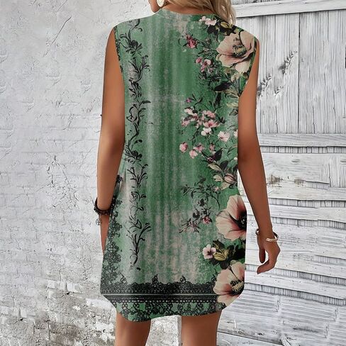 Womens Crew Neck Sleeveless Mini Dresses Printed Beach Vacation Pockets Dress 2025 Summer Casual Loose Sundress in Saudi Arabia
