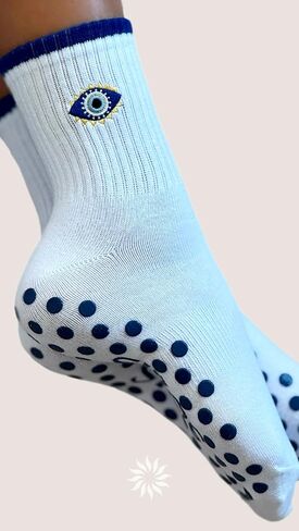 Non-Slip Pilates Socks with Grips for Women | Cute Grip Socks for Yoga Ballet Barefoot Workout | Design Anti Skid Athletic Socks | Set of 1 | Size 5-9 US Womens | Evil Eye Quarter Fit in Saudi Arabia
