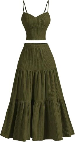 WDIRARA Women's 2 Piece Outfits Skirt Set Cami Top and Ruffle Hem A Line Skirt Matching Set in Saudi Arabia