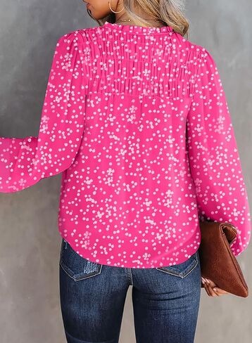 BLENCOT Women's Casual Boho Floral Print Chiffon Blouses Smocked V Neck Long Sleeve Loose Tops Shirts in Kuwait