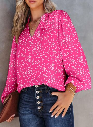 BLENCOT Women's Casual Boho Floral Print Chiffon Blouses Smocked V Neck Long Sleeve Loose Tops Shirts in Kuwait