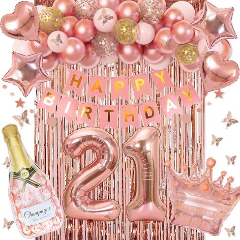 Ouddy Life 21st Birthday Decorations for Her, Rose Gold Birthday Party Decoration for Women Girls Pink Happy Birthday Banner Fringe Curtain Butterfly Rose Gold Balloons 21st Birthday Party Supplies in Kuwait