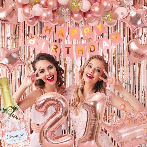 Ouddy Life 21st Birthday Decorations for Her, Rose Gold Birthday Party Decoration for Women Girls Pink Happy Birthday Banner Fringe Curtain Butterfly Rose Gold Balloons 21st Birthday Party Supplies in Kuwait