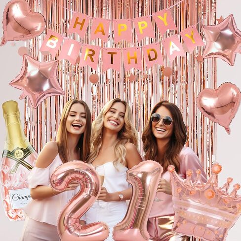 Ouddy Life 21st Birthday Decorations for Her, Rose Gold Birthday Party Decoration for Women Girls Pink Happy Birthday Banner Fringe Curtain Butterfly Rose Gold Balloons 21st Birthday Party Supplies in Kuwait