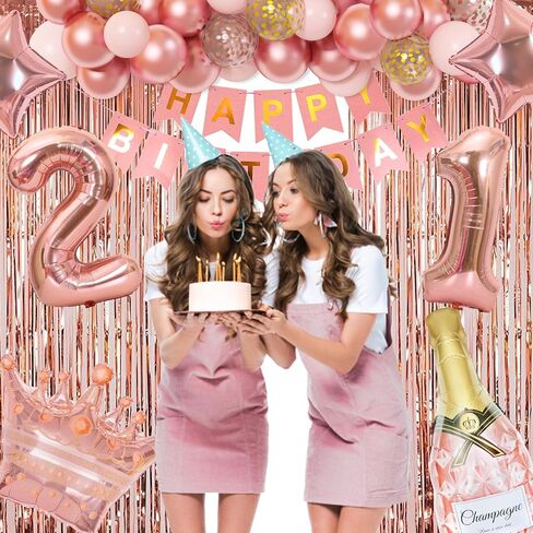 Ouddy Life 21st Birthday Decorations for Her, Rose Gold Birthday Party Decoration for Women Girls Pink Happy Birthday Banner Fringe Curtain Butterfly Rose Gold Balloons 21st Birthday Party Supplies in Kuwait