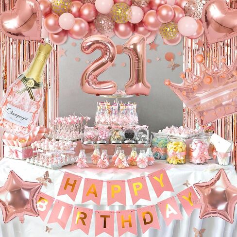 Ouddy Life 21st Birthday Decorations for Her, Rose Gold Birthday Party Decoration for Women Girls Pink Happy Birthday Banner Fringe Curtain Butterfly Rose Gold Balloons 21st Birthday Party Supplies in Kuwait