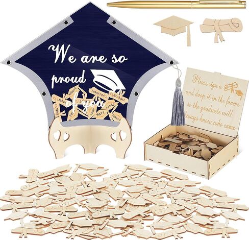2024 Graduation Guest Book Alternative Graduation Cap Scroll Collecting Name Drop Sign Book with 50 Wooden Scroll and Cap 1 Box 1 Pen for 2024 Congrats Graduation Party(Black and Gold) in Saudi Arabia