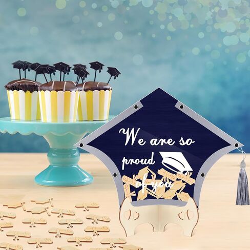 2024 Graduation Guest Book Alternative Graduation Cap Scroll Collecting Name Drop Sign Book with 50 Wooden Scroll and Cap 1 Box 1 Pen for 2024 Congrats Graduation Party(Black and Gold) in Saudi Arabia