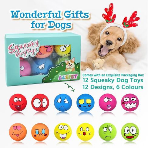 Squeaky Dog Toys Latex Dog Balls for Small Medium Teething Puppy, Durable Cute Face Chewing Pet Dog Toys (12Pcs，6 Facial Designs in Saudi Arabia