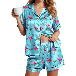 Womens Silk Pajama Sets Short Sleeve Loungewear 2 Pcs Satin Soft Pj Sets Button Down Women's Summer Sleepwear in Kuwait