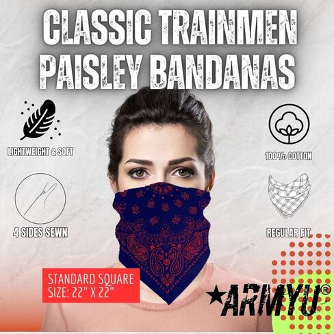 ARMYU Classic Trainmen Paisley Bandanas, Military Army Head Scarf Do-rag Cotton Bandanna Cover Biker Rags in Saudi Arabia