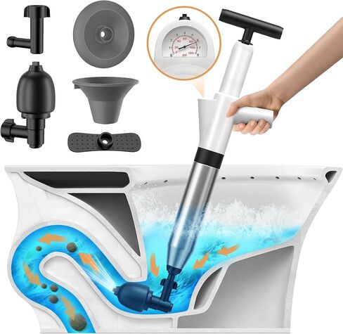 Toilet unclogger (blue)，Air Plunger for Drain, High Pressure Air Drain Blaster with Visual Barometer Stainless Steel Toilet Clog Remover TU Plungers for Bathroom, Kitchen, Clogged Pipe in Saudi Arabia