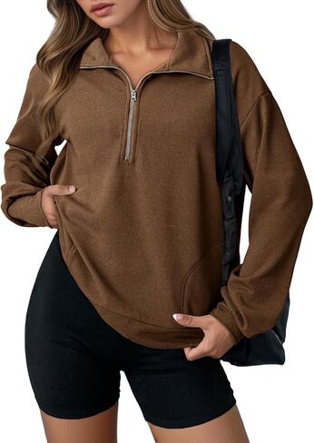 Dokotoo Womens Sweatshirt Waffle Knit Long Sleeve Lapel Half Zip Casual Sweatshits Loose Pullover Tops in Saudi Arabia