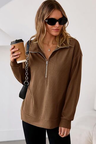 Dokotoo Womens Sweatshirt Waffle Knit Long Sleeve Lapel Half Zip Casual Sweatshits Loose Pullover Tops in Saudi Arabia