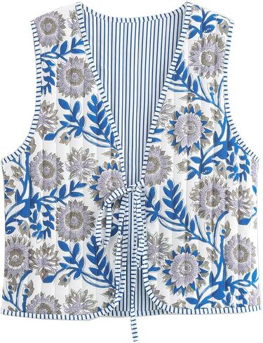 Yimoon Women's Cropped Quilted Vest Floral Printed Puffer Vest Lightweight Sleeveless Tie Front Padded Gilet Outwear in Saudi Arabia