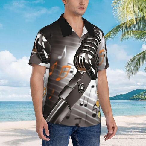 Mens Hawaiian Shirt Microphone with Music Notes Short Sleeve Button Down Tops Summer Beach Shirts Vacation Shirt in Saudi Arabia