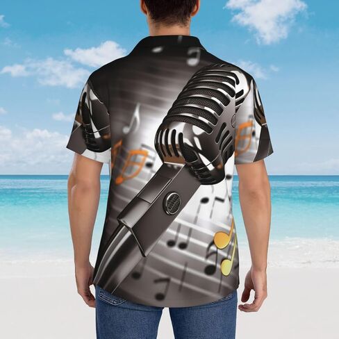 Mens Hawaiian Shirt Microphone with Music Notes Short Sleeve Button Down Tops Summer Beach Shirts Vacation Shirt in Saudi Arabia