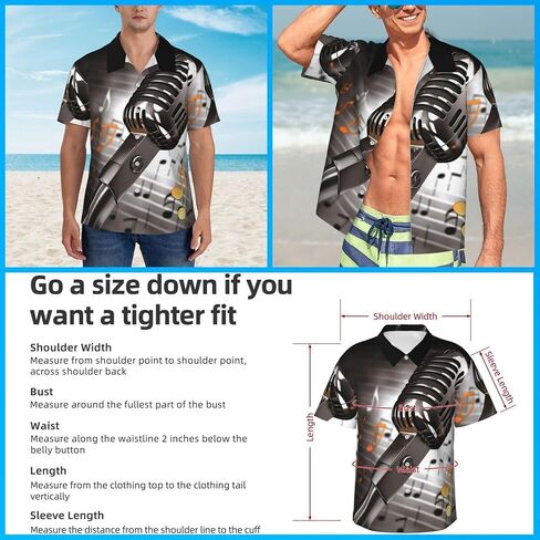 Mens Hawaiian Shirt Microphone with Music Notes Short Sleeve Button Down Tops Summer Beach Shirts Vacation Shirt in Saudi Arabia