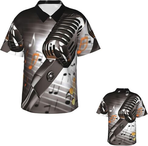 Mens Hawaiian Shirt Microphone with Music Notes Short Sleeve Button Down Tops Summer Beach Shirts Vacation Shirt in Saudi Arabia