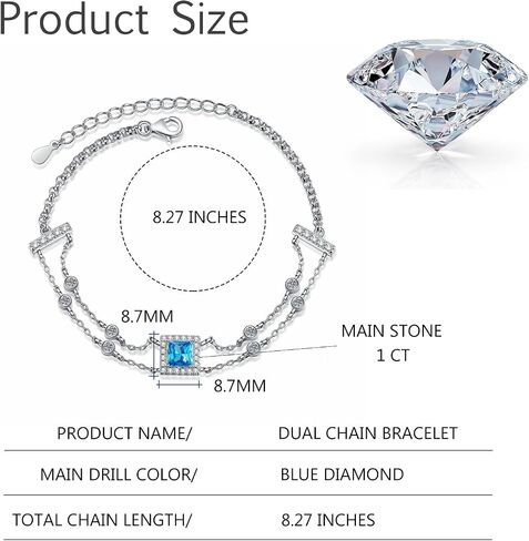 14K White Gold 1ct Princess Cut VVS1 D-color Blue Diamond Stretchable Bracelet for Women, Stylish Double Chain Wrist Accessory in Saudi Arabia