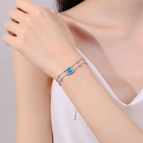 14K White Gold 1ct Princess Cut VVS1 D-color Blue Diamond Stretchable Bracelet for Women, Stylish Double Chain Wrist Accessory in Saudi Arabia