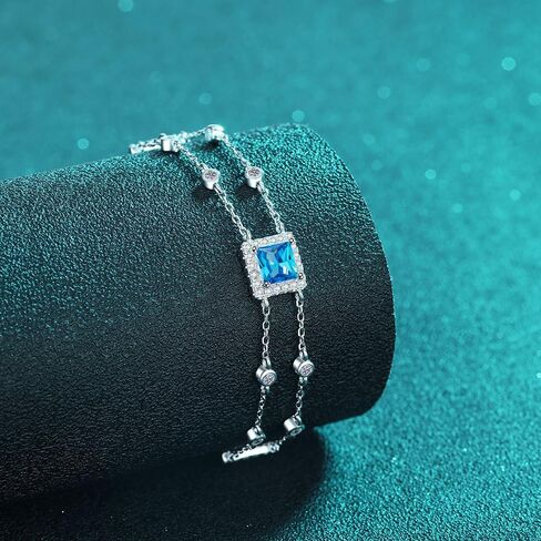 14K White Gold 1ct Princess Cut VVS1 D-color Blue Diamond Stretchable Bracelet for Women, Stylish Double Chain Wrist Accessory in Saudi Arabia