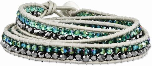 Solid Green Aurora Borealis and Grey Crystal Bead Leather Multi-Wrap Bracelet in Saudi Arabia