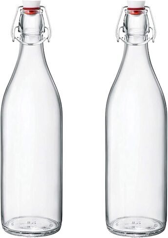 Bormioli Rocco Giara Glass Bottle with Leak-Proof Lid, 33.75 oz (Set of 2) - BPA-Free Bottle for Infused Drinks, Juices, Dressings, Decorative Glass Storage, Airtight Glassware - Made in Italy (Blue) in Saudi Arabia