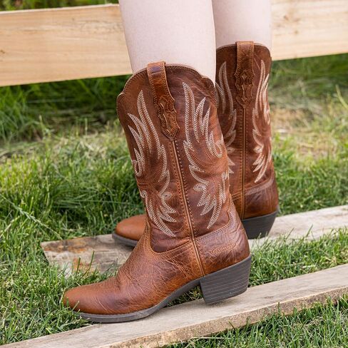 Cowboy Boots for Women Pointed Toe Western Boots Mid Calf Cowgirl Boots Pull On Embroidered Full Grain Leather(PLT203612-Brown) in Kuwait