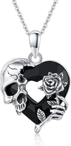 Skull Necklace S925 Sterling Silver Rose Skull Hand Pendant Healing Black Crystal Pendant Gothic Skeleton Necklace Skull Jewelry for Men Women in Kuwait