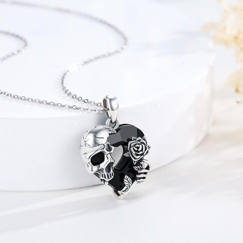 Skull Necklace S925 Sterling Silver Rose Skull Hand Pendant Healing Black Crystal Pendant Gothic Skeleton Necklace Skull Jewelry for Men Women in Kuwait