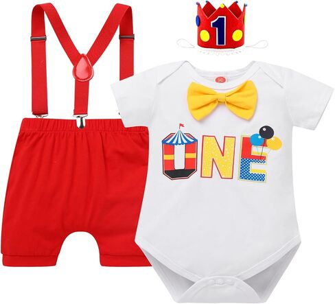 IBTOM CASTLE Circus Carnival First Birthday Outfit Boy Clown Romper Bodysuit Shorts Crown Cake Smash Clothes Set in Saudi Arabia