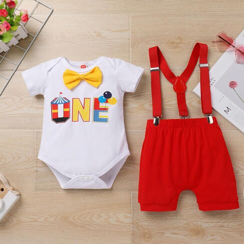 IBTOM CASTLE Circus Carnival First Birthday Outfit Boy Clown Romper Bodysuit Shorts Crown Cake Smash Clothes Set in Saudi Arabia