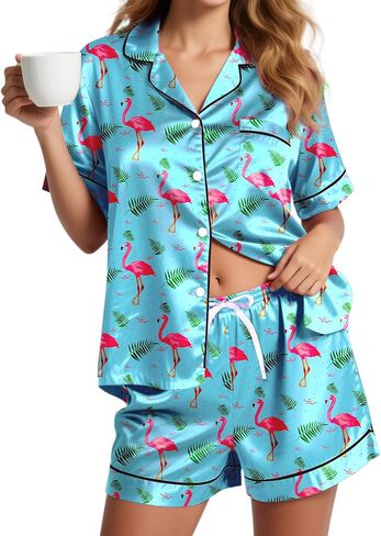 Womens Silk Pajama Sets Short Sleeve Loungewear 2 Pcs Satin Soft Pj Sets Button Down Women's Summer Sleepwear in Kuwait