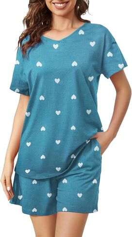 ENJOYNIGHT Women's Pajama Set Short Sleeve Shirt and Shorts Sleepwear V Neck Pjs with Pockets in Saudi Arabia