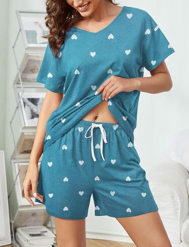 ENJOYNIGHT Women's Pajama Set Short Sleeve Shirt and Shorts Sleepwear V Neck Pjs with Pockets in Saudi Arabia