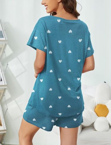 ENJOYNIGHT Women's Pajama Set Short Sleeve Shirt and Shorts Sleepwear V Neck Pjs with Pockets in Saudi Arabia
