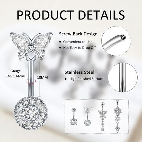 4pcs Belly Button Ring 14g 1.6mm من الفولاذ المقاوم للصدأ حل حلقات البطن الفقر على حلقات السرة ثقب البطن للنساء in Kuwait