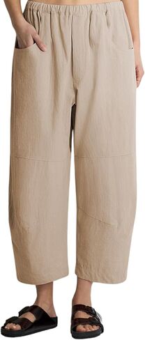 Lviefent Womens Wide Leg Barrel Pants Casual Elastic Waist Linen Cropped Harem Pants Trouser with Pockets in Kuwait