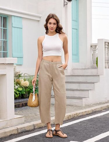 Lviefent Womens Wide Leg Barrel Pants Casual Elastic Waist Linen Cropped Harem Pants Trouser with Pockets in Kuwait