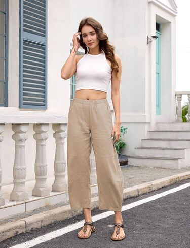 Lviefent Womens Wide Leg Barrel Pants Casual Elastic Waist Linen Cropped Harem Pants Trouser with Pockets in Kuwait