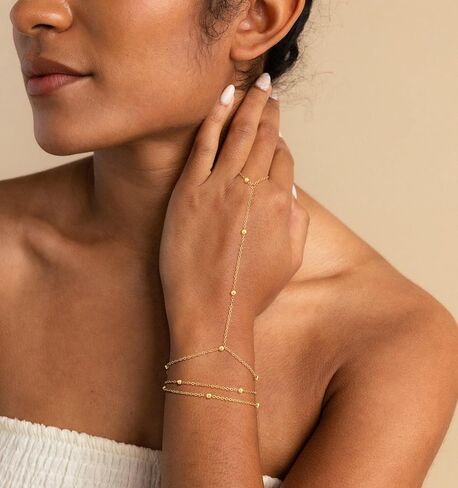 Gold Hand Chain Bracelets for Women Trendy，Dainty 14k Gold Plated Ring Bracelet Hand Chain Non Tarnish Beaded Cubic Zircon Infinity Finger Ring Slave Bracelet Stack Jewelry Gifts for Women in Kuwait