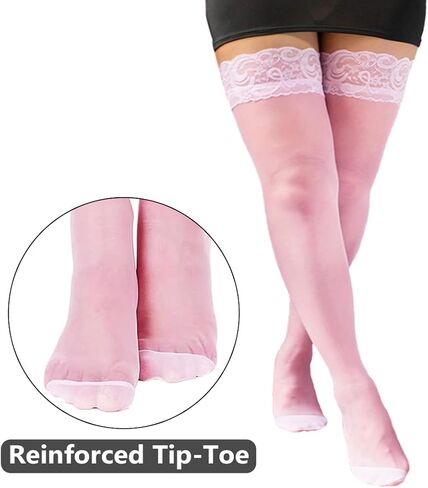 CHIDRA Women's Plus Size Silicone Lace Top Thigh High Stockings Stay Up Silky Semi Sheer Pantyhose for 130-220 lbs in Kuwait