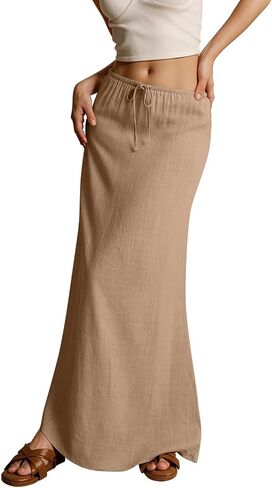 Kvor Linen Maxi Skirt for Women Beach Vacation Drawstring Elastic Waist Flowy Summer Skirt Lightweight Boho Long Skirt in Kuwait