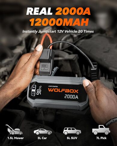 WOLFBOX 3000A Jump Starter، بطارية سيارة 12 فولت مع شاشات LED، شاحن سريع 65 وات، حزمة بطارية محمولة 16000 مللي أمبير في الساعة (محرك ديزل 8 لتر غاز 6 لتر) مع معزز، ضوء LED، كابلات توصيل in Kuwait