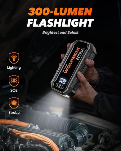 WOLFBOX 3000A Jump Starter، بطارية سيارة 12 فولت مع شاشات LED، شاحن سريع 65 وات، حزمة بطارية محمولة 16000 مللي أمبير في الساعة (محرك ديزل 8 لتر غاز 6 لتر) مع معزز، ضوء LED، كابلات توصيل in Kuwait