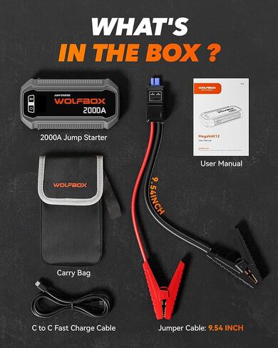 WOLFBOX 3000A Jump Starter، بطارية سيارة 12 فولت مع شاشات LED، شاحن سريع 65 وات، حزمة بطارية محمولة 16000 مللي أمبير في الساعة (محرك ديزل 8 لتر غاز 6 لتر) مع معزز، ضوء LED، كابلات توصيل in Kuwait