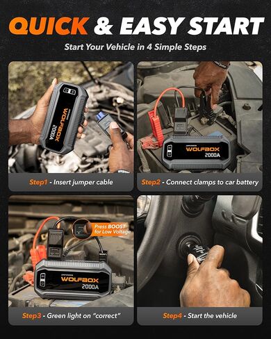 WOLFBOX 3000A Jump Starter، بطارية سيارة 12 فولت مع شاشات LED، شاحن سريع 65 وات، حزمة بطارية محمولة 16000 مللي أمبير في الساعة (محرك ديزل 8 لتر غاز 6 لتر) مع معزز، ضوء LED، كابلات توصيل in Kuwait