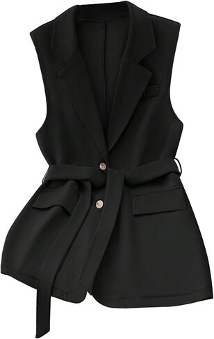 GORGLITTER Women's Belted Blazer Vest Lapel Sleeveless Elegant Dressy Blazer Jacket in Saudi Arabia
