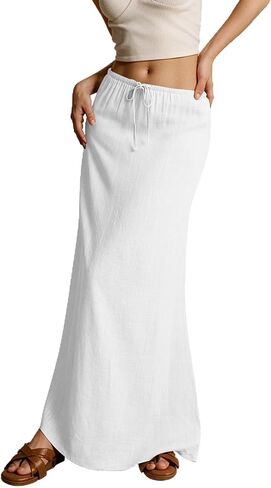 Kvor Linen Maxi Skirt for Women Beach Vacation Drawstring Elastic Waist Flowy Summer Skirt Lightweight Boho Long Skirt in Kuwait